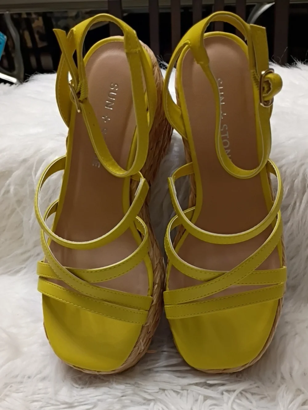 New Sun + Stone Citron Yellow Strappy Rafia Espadrille Platform Sandals 5.5M